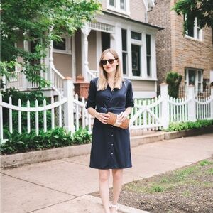 J CREW TIE WAIST SHIRT DRESS ELEGANT NAVY BLUE SIZE M